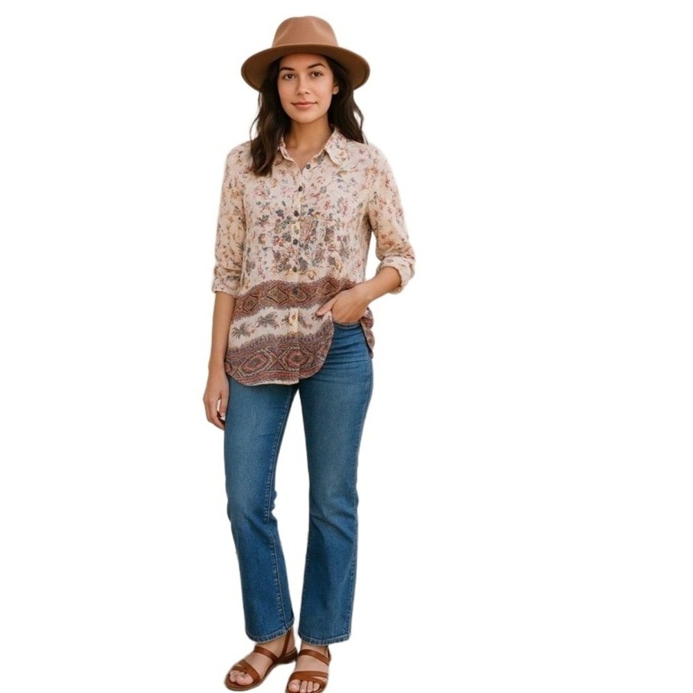 Unity World Wear Blouse Womens Medium Sheer Boho Floral Tunic Button Tab Sleeve